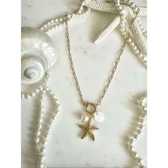 Starfish and faux pearl sea shell paper clip necklace - Picture 2 of 5